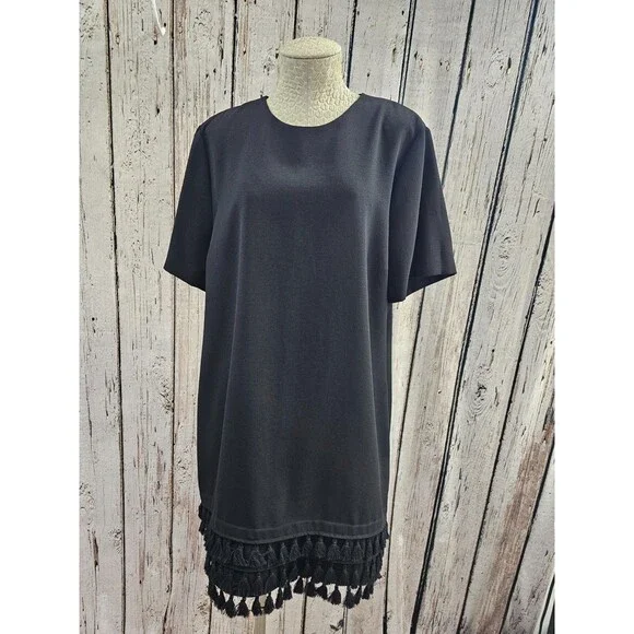 Zara XXL Woman Black Tassel‎ Hem Short Sleeve Chic Minimalist Shift Shirt Dress - Picture 2 of 7